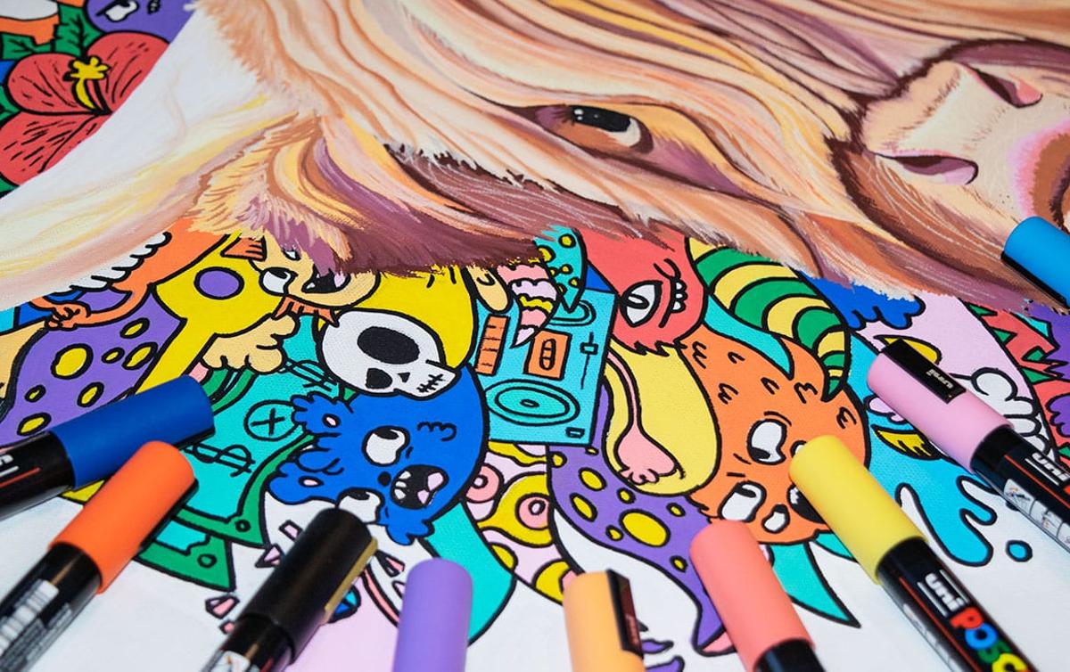 Close-up view of a vibrant marker illustration of a cow, highlighting intricate details and artistic expression.