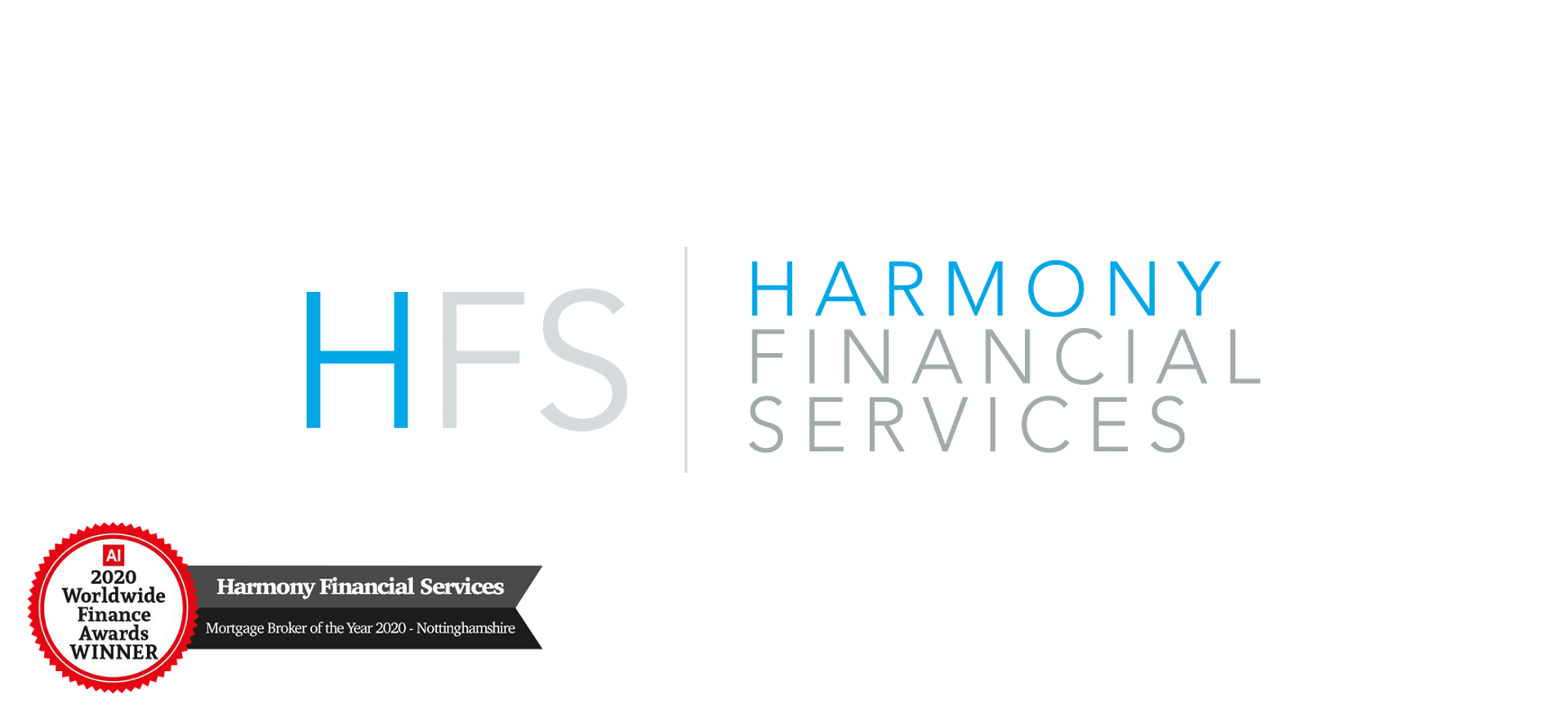 light blue and grey harmonyfs logo on white background