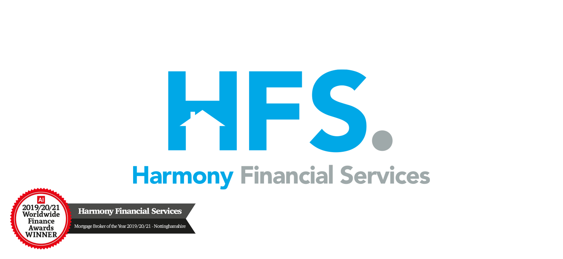 light blue and grey harmonyfs logo on white background with broker of the year award badge